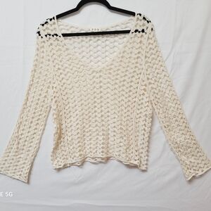 POL Crochet Open-Knit V-Neck Sweater - Cream One Size